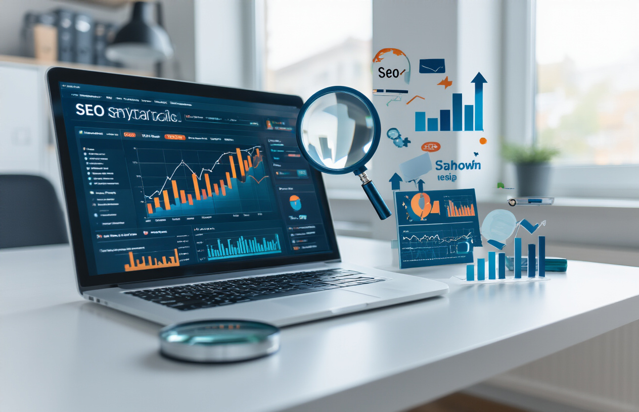 Create a realistic image of a modern computer setup with a laptop displaying SEO analytics dashboard with rising graph charts and search ranking metrics, surrounded by digital marketing elements like magnifying glass hovering over search results, upward trending arrows, and SEO optimization icons, set on a clean white desk in a bright office environment with natural lighting from a window, creating a professional and success-oriented atmosphere that conveys website optimization and improved search performance, absolutely NO text should be in the scene.