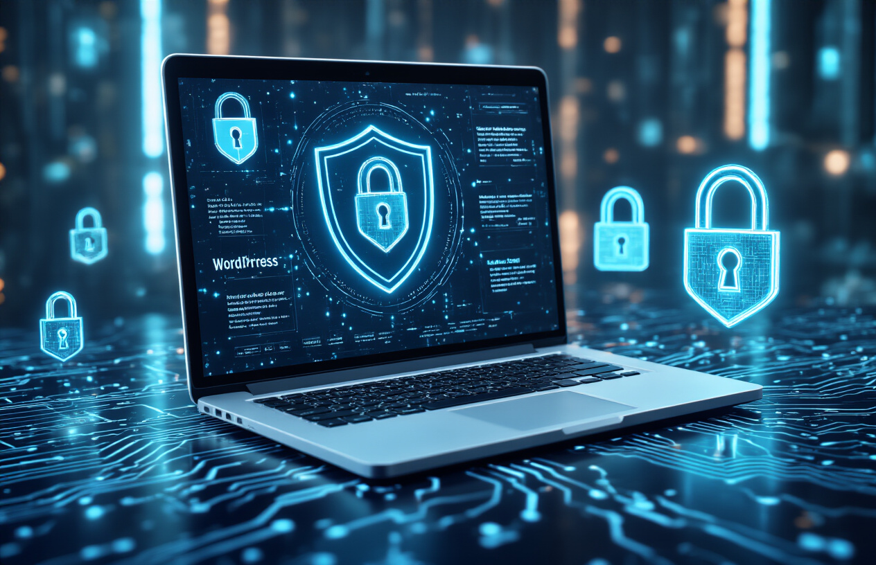 Create a realistic image of a digital security concept featuring a laptop computer displaying a WordPress dashboard with shield icons and security badges on the screen, surrounded by glowing blue security elements like padlocks, firewalls, and protective barriers, set against a dark professional background with subtle circuit board patterns, conveying trust and digital protection, with soft blue and green lighting creating a secure technology atmosphere, absolutely NO text should be in the scene.