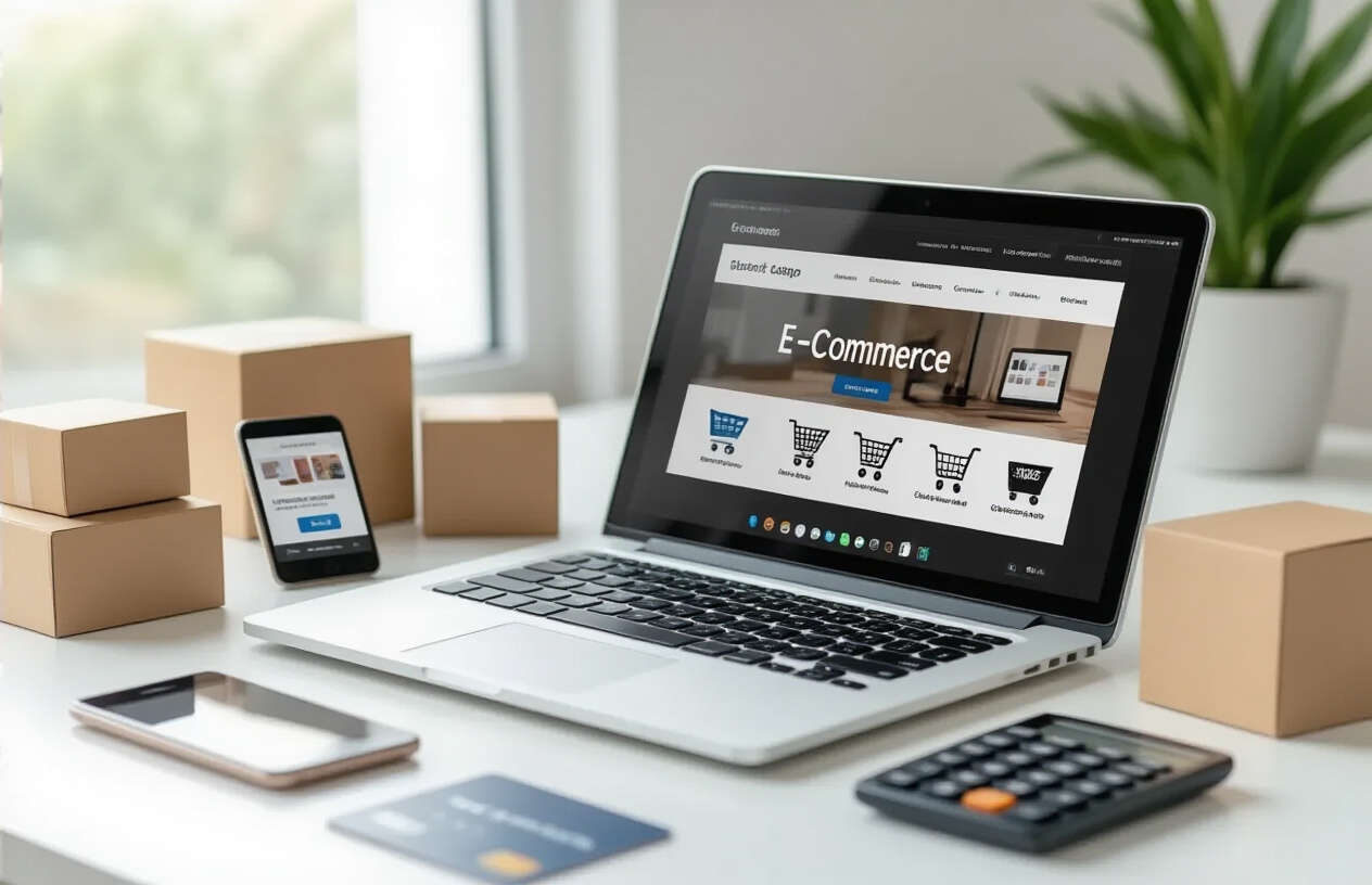 Create a realistic image of a modern laptop computer displaying a sleek e-commerce website interface with product listings, shopping cart icons, and payment gateway symbols visible on the screen, surrounded by small product boxes, a smartphone showing mobile shopping interface, credit cards, and a calculator on a clean white desk, with soft natural lighting from a window creating a professional business atmosphere, absolutely NO text should be in the scene.