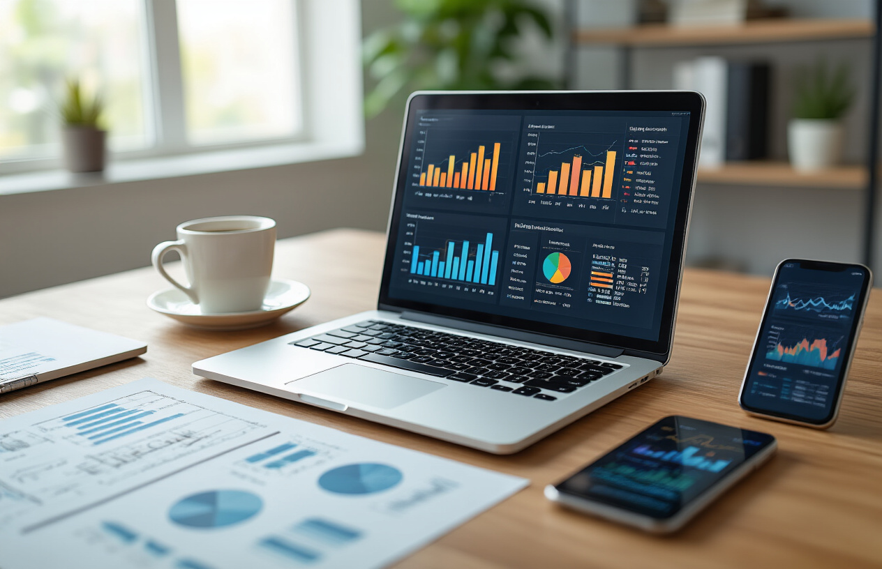 Create a realistic image of a modern office desk with a laptop computer displaying colorful analytics dashboards and data visualization charts on the screen, surrounded by printed reports with graphs and statistics, a smartphone showing mobile analytics apps, and a coffee cup, set against a clean minimalist office background with soft natural lighting from a window, conveying a professional data-driven work environment, absolutely NO text should be in the scene.