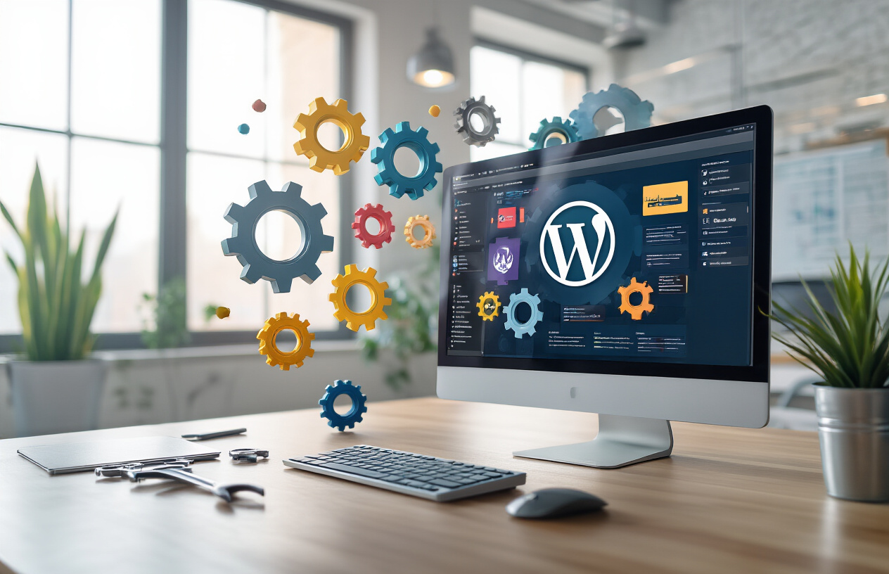 Create a realistic image of a sleek computer monitor displaying a WordPress dashboard with colorful plugin icons representing maintenance tools, surrounded by mechanical gears and wrenches floating in the air, with a clean modern office desk setup in the background, bright natural lighting creating a professional atmosphere, conveying efficiency and smooth operation, absolutely NO text should be in the scene.
