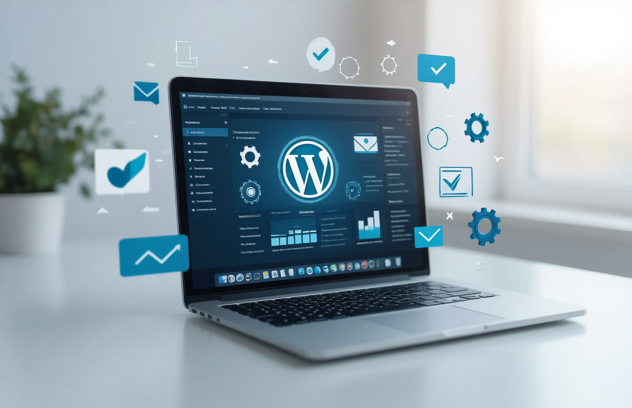 Create a realistic image of a sleek modern laptop computer displaying a WordPress dashboard interface on its screen, surrounded by floating digital plugin icons and gears symbolizing transformation and optimization, set against a clean minimalist workspace with soft natural lighting from a nearby window, featuring a subtle gradient background transitioning from light blue to white, with small digital elements like arrows and checkmarks suggesting completion and success, absolutely NO text should be in the scene.
