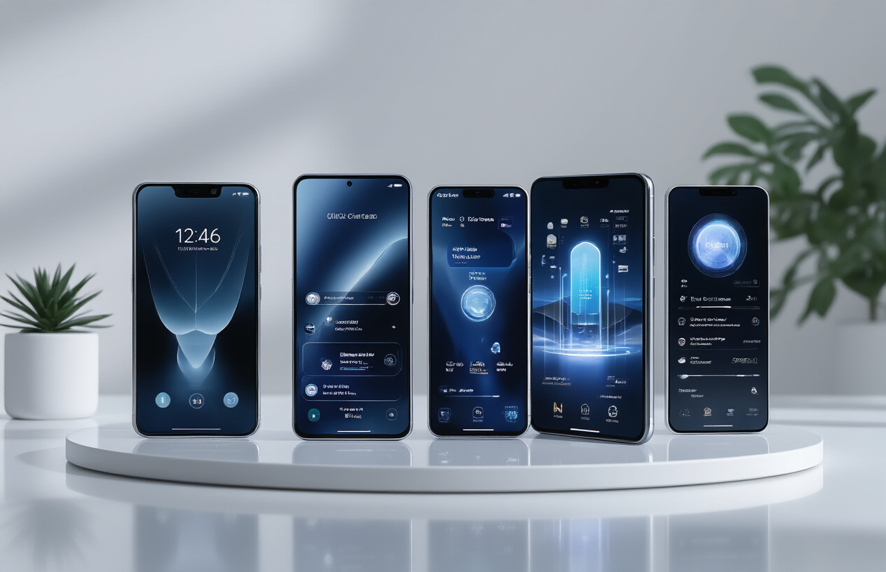 Create a realistic image of multiple flagship smartphones from 2026 arranged in an elegant display on a modern minimalist desk surface, showcasing their sleek designs with glowing screens displaying AI interface elements and futuristic icons, soft professional lighting highlighting the premium metallic and glass finishes of each device, clean white or light gray background creating a tech showcase atmosphere, with subtle reflections on the polished surface beneath the phones, emphasizing cutting-edge technology and premium quality, absolutely NO text should be in the scene.