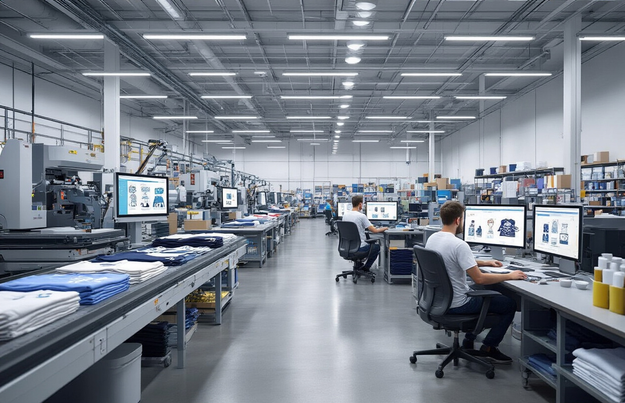 Create a realistic image of a modern print-on-demand production facility showcasing the current integration of AI technology, featuring automated printing machines with digital screens displaying product designs, robotic arms handling custom t-shirts and mugs, conveyor belts moving printed merchandise, a white male technician monitoring AI-powered design software on multiple computer monitors, stacks of blank apparel and products ready for printing, industrial lighting illuminating the workspace, clean modern warehouse environment with concrete floors, and various printed products like clothing, accessories, and home goods displayed on shelves, capturing a busy productive atmosphere that represents the current technological advancement in the industry, absolutely NO text should be in the scene.