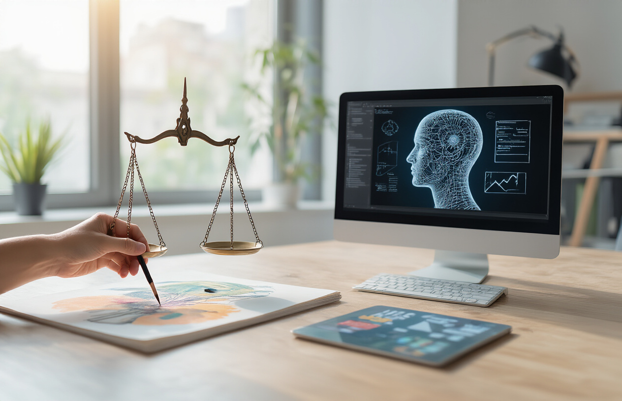 Create a realistic image of a split scene showing a balance scale in the center, with one side holding a human hand creating art with traditional tools like brushes and pencils, and the other side displaying a sleek computer with AI-generated designs on screen, set against a modern office background with soft natural lighting from a window, creating a contemplative mood that represents the ethical tension between human creativity and artificial intelligence automation, with subtle shadows emphasizing the contrast between organic and digital creation methods, absolutely NO text should be in the scene.