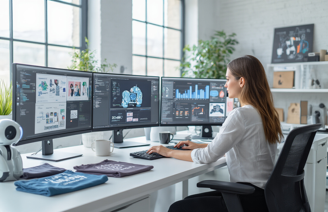 Create a realistic image of a modern office workspace showing a white female entrepreneur working at a sleek computer setup with multiple monitors displaying print-on-demand product designs, AI software interfaces, and business analytics dashboards, surrounded by printed merchandise samples like t-shirts, mugs, and posters scattered on the desk, with a robotic arm or AI chip symbol subtly integrated into the scene to represent artificial intelligence technology, set against a clean minimalist office background with natural lighting from large windows, conveying a professional and innovative atmosphere of legitimate business success, absolutely NO text should be in the scene.