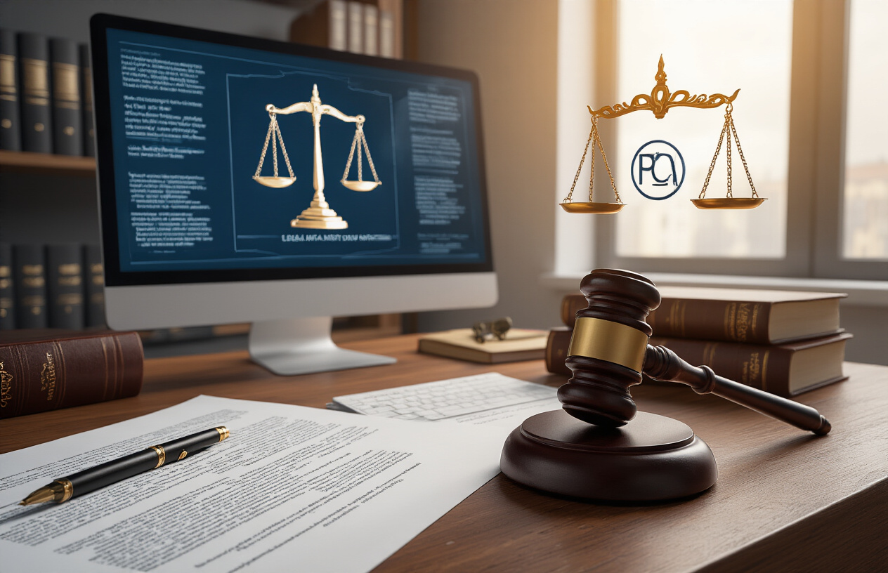 Create a realistic image of a modern office desk with legal documents, law books, and a computer screen displaying AI-generated artwork alongside copyright symbols and legal scales, with a gavel placed prominently on wooden surface, warm professional lighting illuminating the scene from above, creating a serious and contemplative mood about intellectual property law, absolutely NO text should be in the scene.
