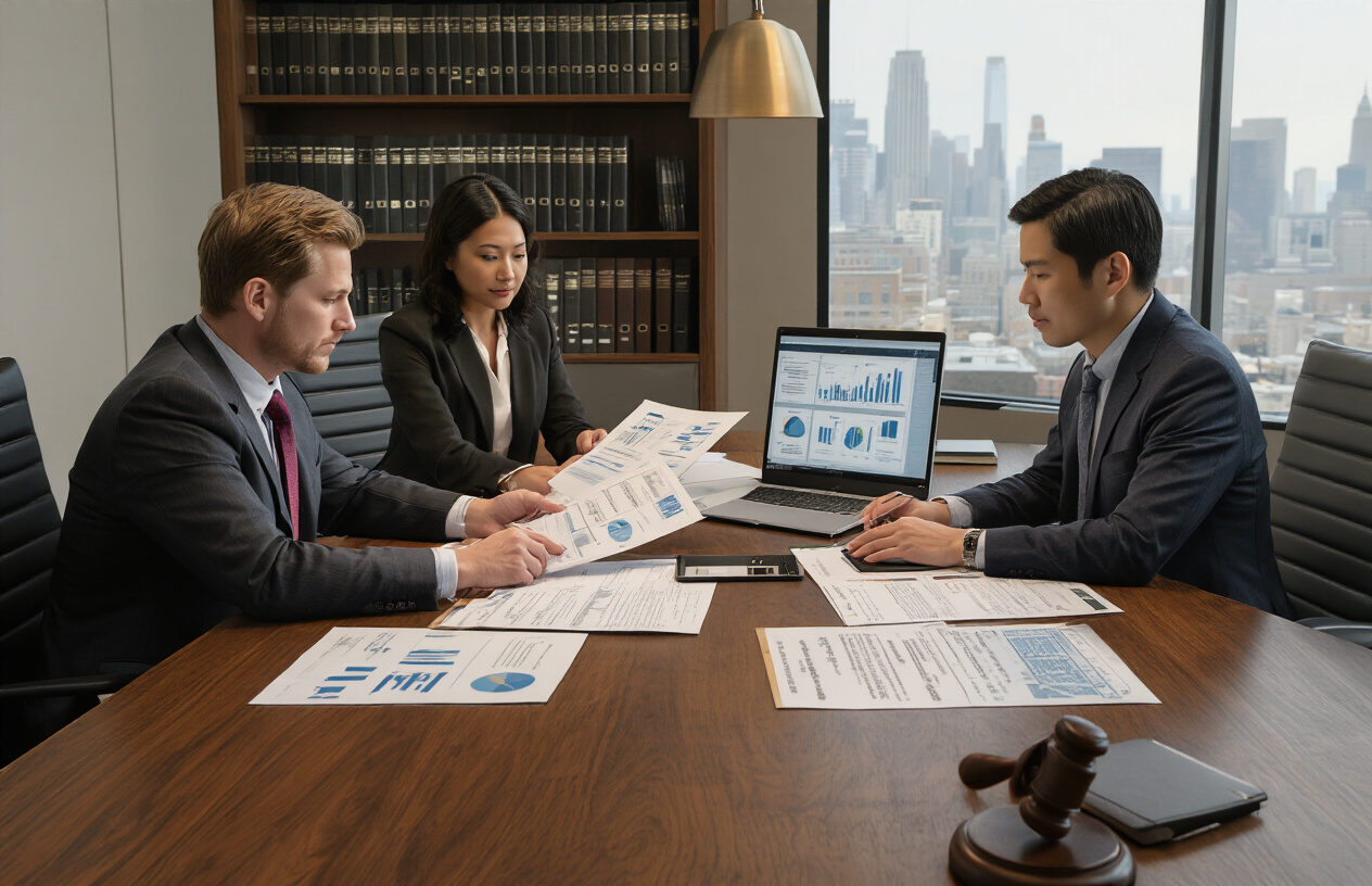 Create a realistic image of a modern office conference room with a large wooden table where diverse business professionals including a white male lawyer in a suit, a black female compliance officer, and an Asian male tech executive are reviewing legal documents and regulatory papers spread across the table, with laptops open displaying charts and legal frameworks, a large window showing a city skyline in the background, warm professional lighting creating a serious yet collaborative atmosphere, with filing cabinets and law books visible on shelves along the walls, absolutely NO text should be in the scene.
