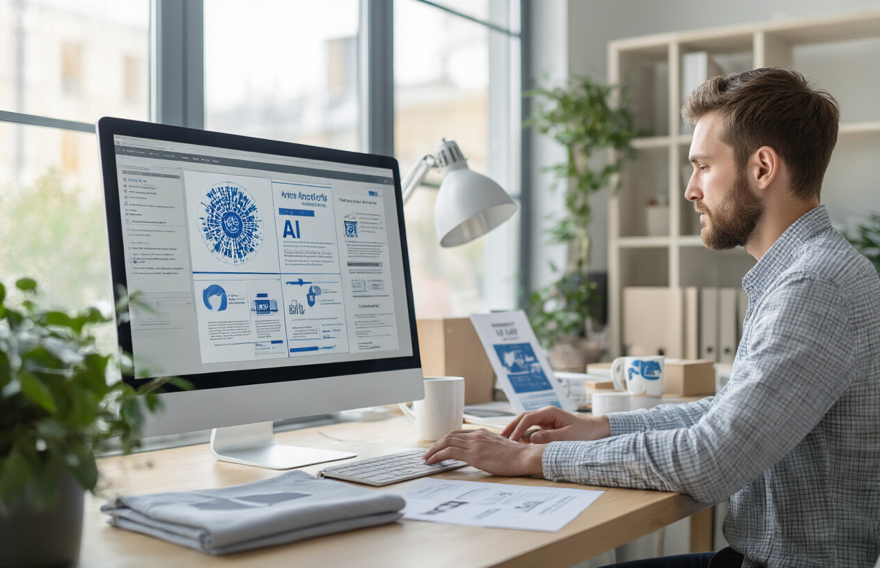Create a realistic image of a modern office workspace featuring a computer screen displaying AI software interface with design templates, a professional white male designer working at the desk, ethical guidelines document and legal compliance checklist visible on the desk, print-on-demand product samples like t-shirts and mugs arranged nearby, balanced lighting with natural window light, clean organized environment suggesting responsible business practices, absolutely NO text should be in the scene.