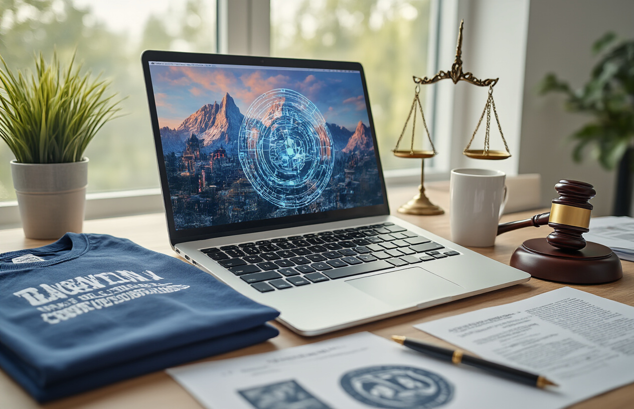 Create a realistic image of a modern office desk with a laptop displaying AI-generated artwork on the screen, surrounded by printed merchandise samples including t-shirts and mugs, a gavel and legal documents on one side representing legal concerns, and a scales of justice in the background, with soft natural lighting from a window creating a professional atmosphere that balances innovation and legal responsibility, absolutely NO text should be in the scene.