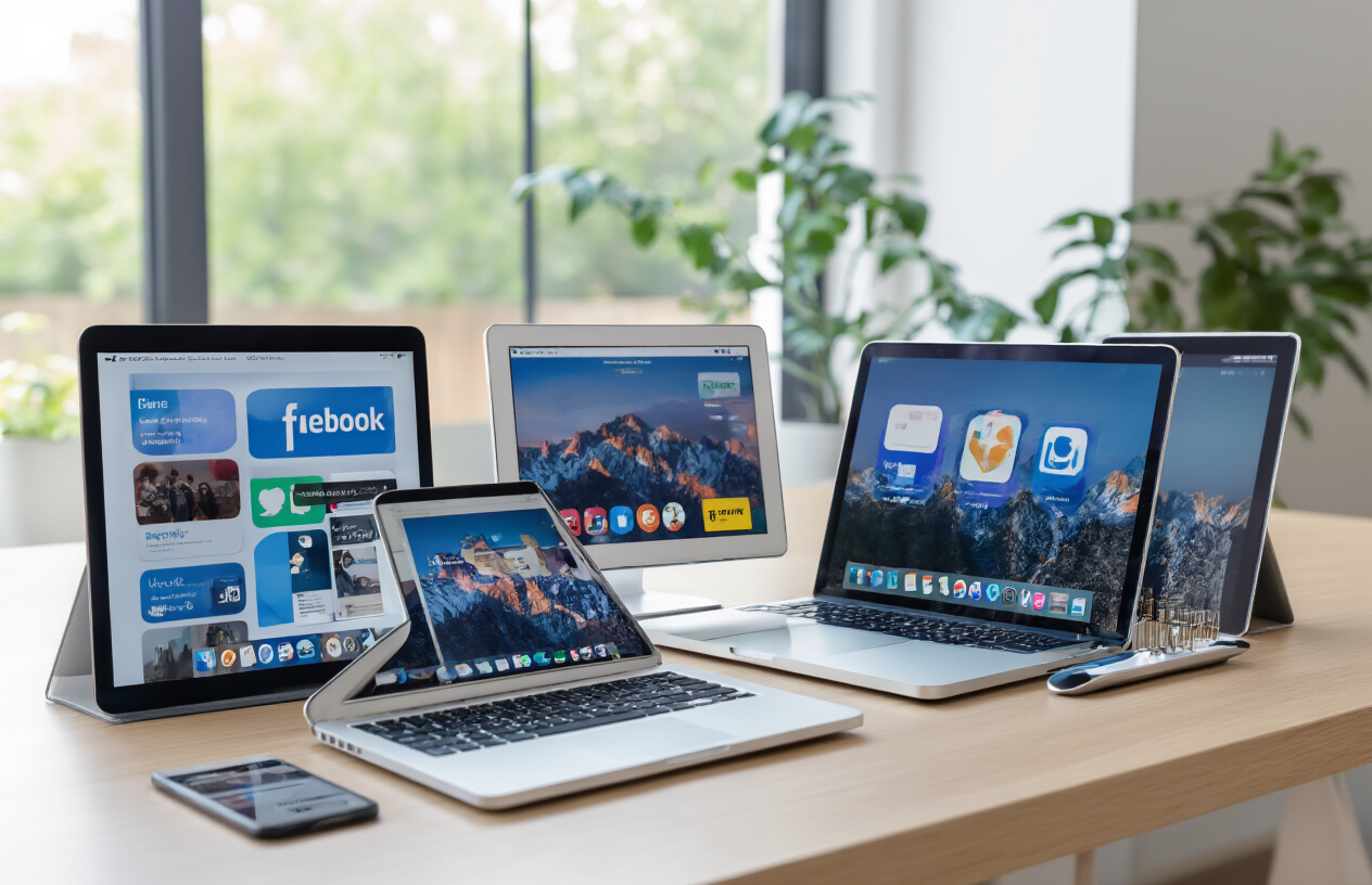 Create a realistic image of multiple different social media platform interfaces displayed on various devices including smartphones, tablets, and laptops arranged on a modern desk, each device showing distinctly different layouts and user interfaces to emphasize their unique characteristics, with contrasting color schemes and design elements visible on each screen, clean office environment with soft natural lighting from a window, professional workspace setting with a minimalist aesthetic, absolutely NO text should be in the scene.