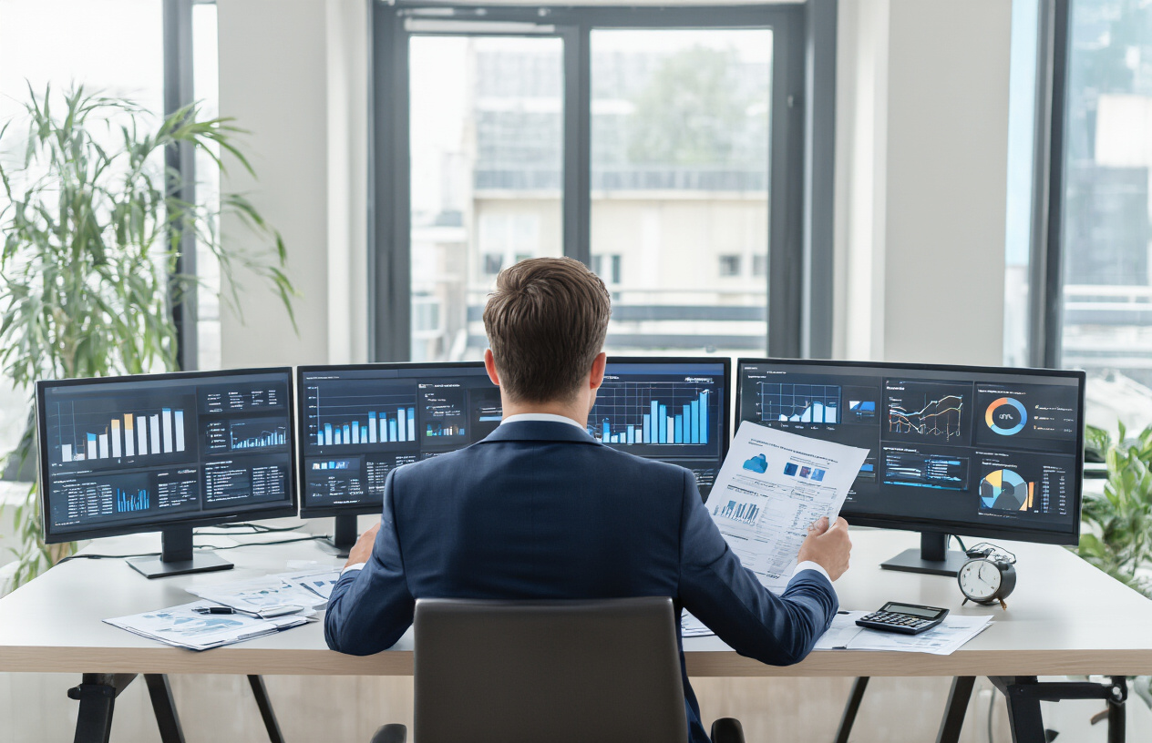 Create a realistic image of a white male business professional in a suit sitting at a modern desk with multiple computer monitors displaying social media analytics dashboards, charts, and ROI graphs, while he examines financial documents and calculator results that show positive returns, set in a contemporary office environment with natural lighting from large windows, conveying a focused and analytical mood that demonstrates measurable social media success, absolutely NO text should be in the scene.