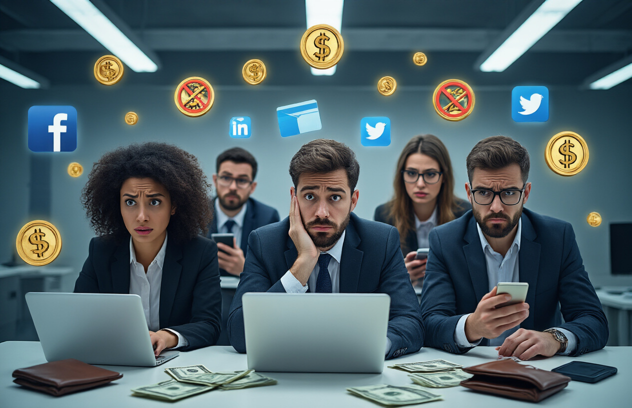 Create a realistic image of a diverse group of business professionals looking confused and frustrated while staring at their laptops and smartphones, surrounded by floating dollar signs with prohibition symbols over them, credit cards being declined, and empty wallets scattered on a modern office desk, with a background showing social media platform icons (Facebook, Instagram, Twitter logos) glowing ominously, under harsh fluorescent lighting that creates a stressful atmosphere, absolutely NO text should be in the scene.