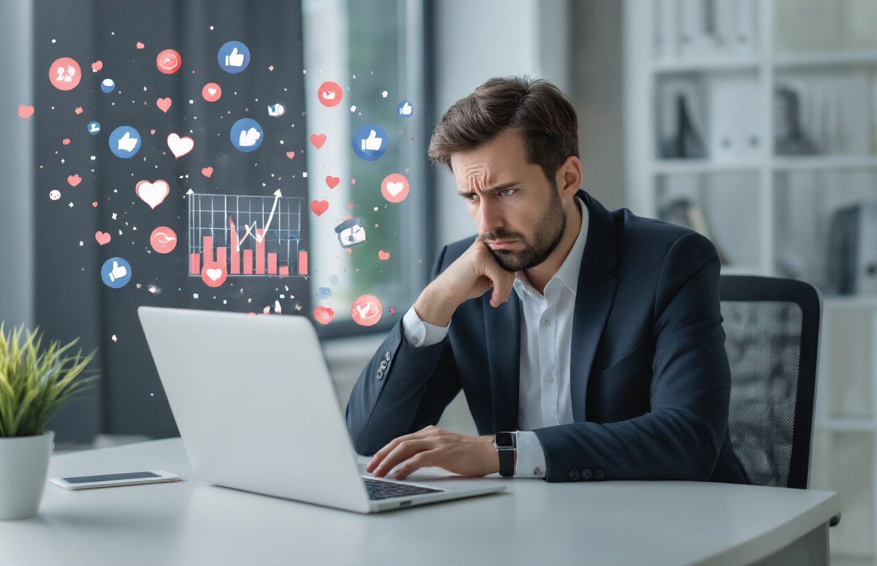 Create a realistic image of a white male businessman in a suit sitting at a modern office desk looking frustrated while staring at his laptop screen showing declining social media analytics graphs, with viral-themed icons (likes, shares, hearts) floating and fading away in the air around him, set in a contemporary office environment with soft natural lighting from a window, conveying disappointment and the misconception about viral content being the only measure of success, absolutely NO text should be in the scene.