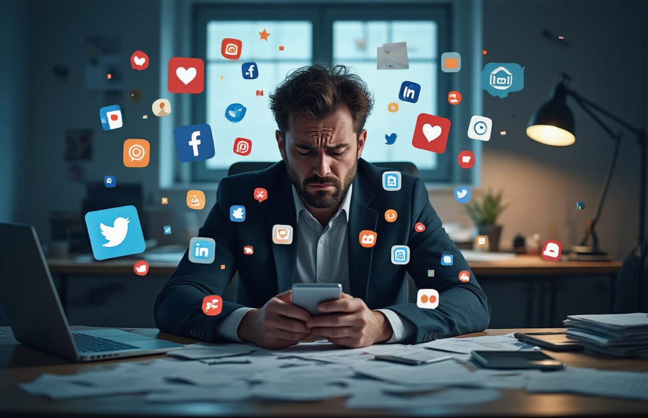 Create a realistic image of a stressed white male business owner sitting at a cluttered desk surrounded by multiple smartphones and tablets displaying different social media platform icons and interfaces, with overwhelmed facial expression, dimly lit office environment with papers scattered around, conveying the burden of trying to manage too many social platforms simultaneously, absolutely NO text should be in the scene.