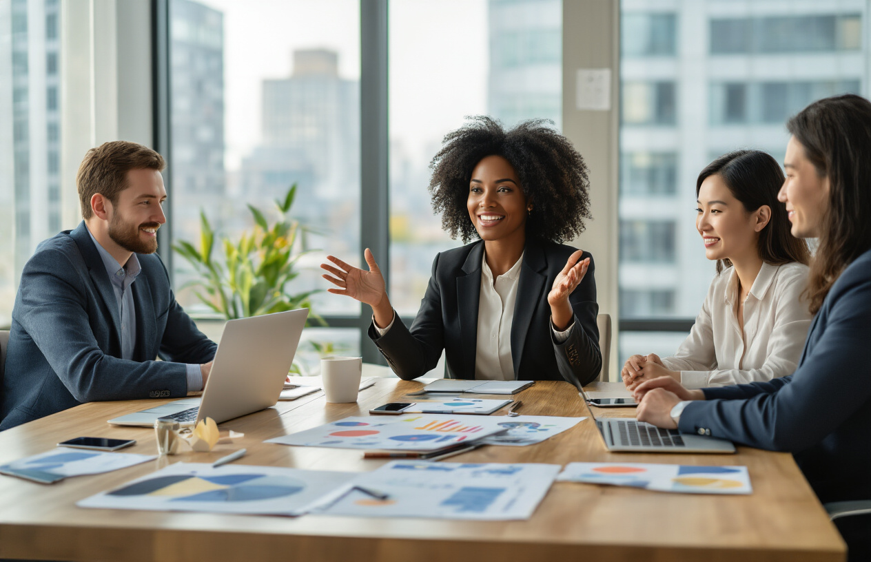 Create a realistic image of a diverse group of small business entrepreneurs sitting around a modern conference table, with a confident black female business owner in the center gesturing positively while a white male and Asian female colleague look engaged and optimistic, surrounded by laptops, smartphones, and marketing materials scattered on the table, with large windows showing a bright cityscape in the background, warm natural lighting creating an atmosphere of success and clarity, representing the empowerment that comes from overcoming social media misconceptions, absolutely NO text should be in the scene.