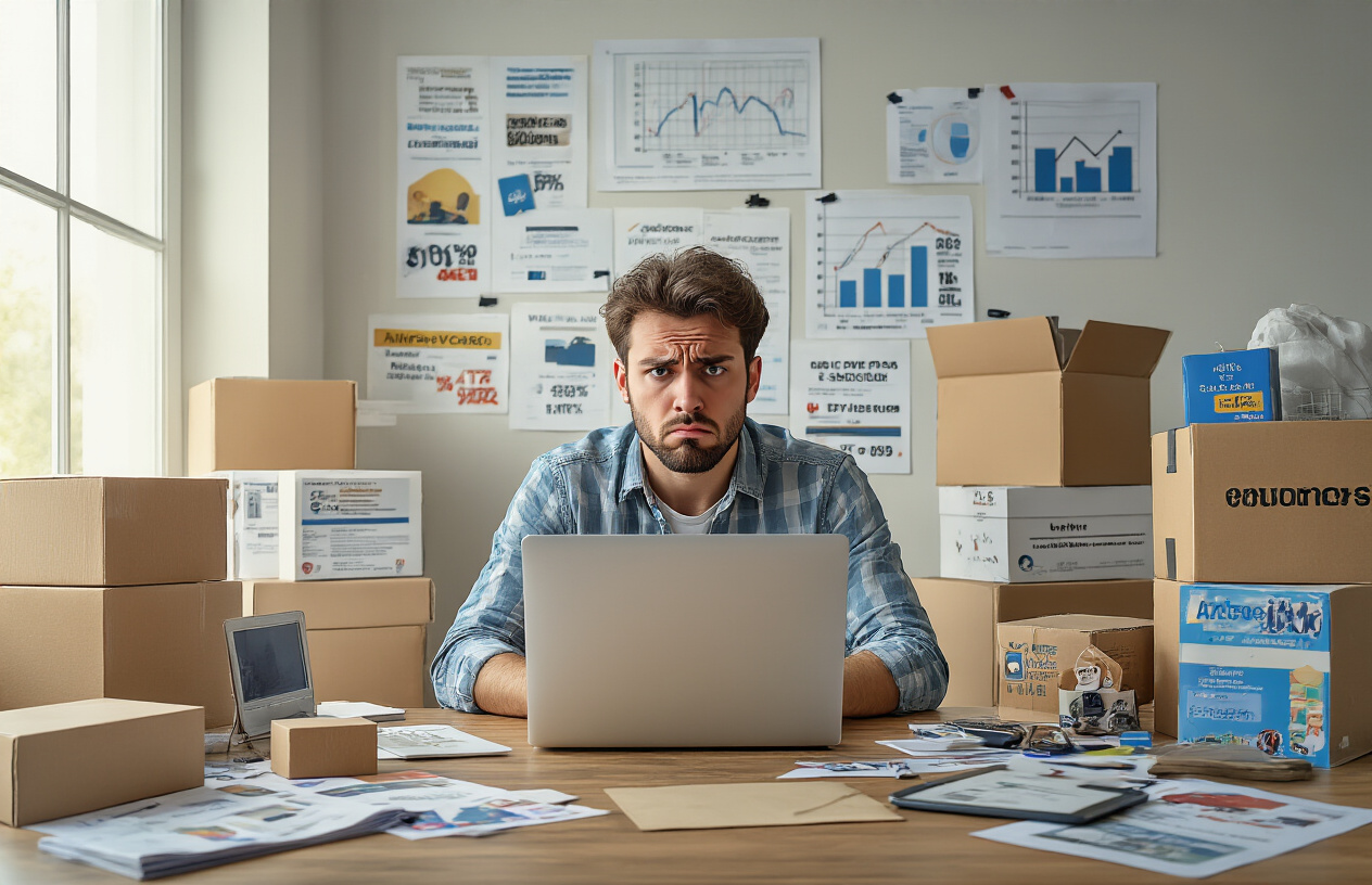 Create a realistic image of a frustrated white male sitting at a desk looking at his laptop screen with disappointment, surrounded by various product boxes and promotional materials scattered around, including low-quality items, overpriced gadgets, and unpopular products, with a cluttered workspace background showing charts with declining sales graphs, dim natural lighting from a window creating a somber mood that conveys the struggle of poor product selection in affiliate marketing, absolutely NO text should be in the scene.