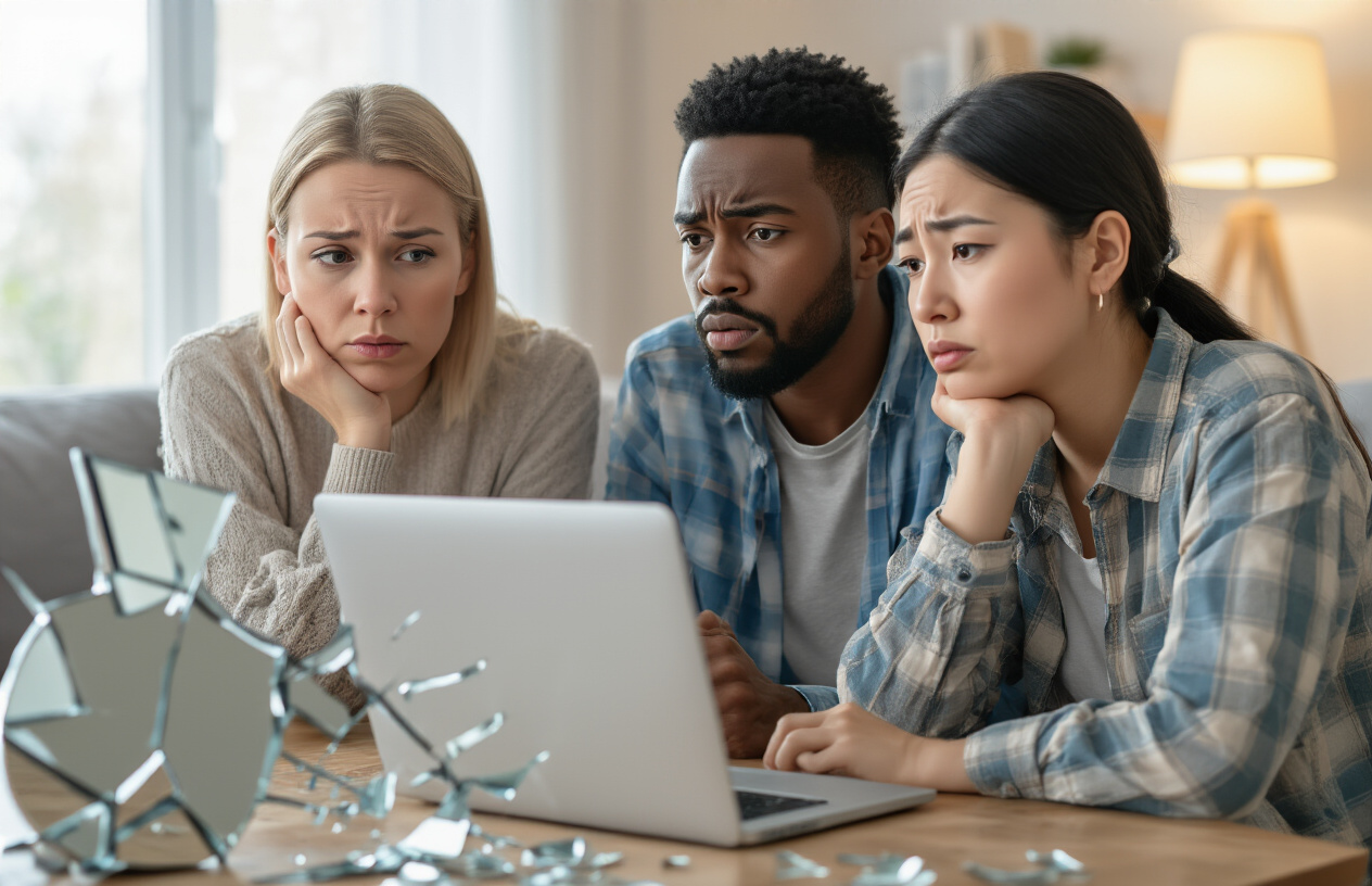 Create a realistic image of a diverse group of people including a white female, black male, and Asian female looking skeptical and uncertain while viewing a laptop screen, with expressions of doubt and distrust on their faces, set in a modern living room with soft natural lighting from a window, showing the disconnect between an online marketer and their audience, with broken or cracked trust symbols like a shattered mirror or broken handshake visualization in the background, conveying the mood of lost confidence and failed relationships in digital marketing, absolutely NO text should be in the scene.
