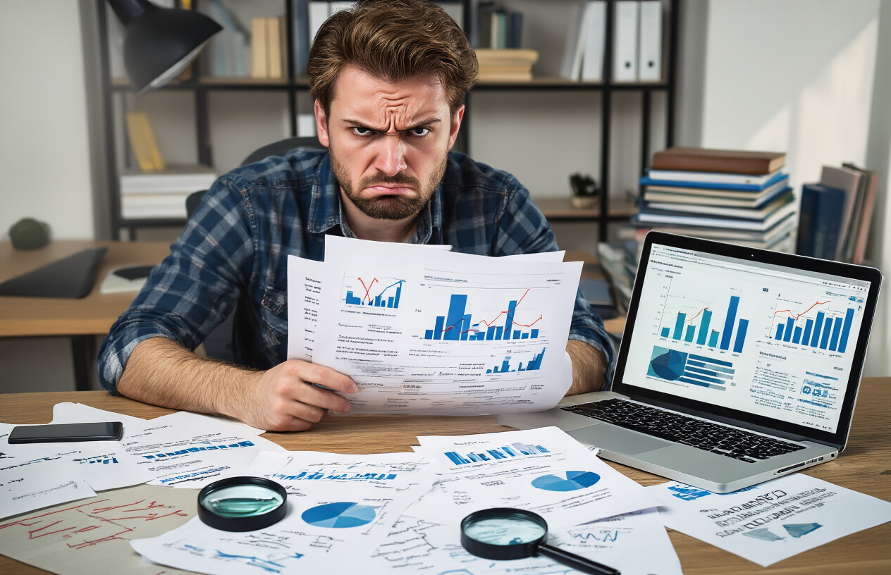 Create a realistic image of a frustrated white male sitting at a cluttered desk with an open laptop displaying search analytics and keyword data, surrounded by scattered papers with crossed-out website URLs and declining graph charts, a magnifying glass lying nearby symbolizing failed research, dim office lighting creating shadows that emphasize the mood of missed opportunities, with SEO and marketing books stacked in the background, absolutely NO text should be in the scene.