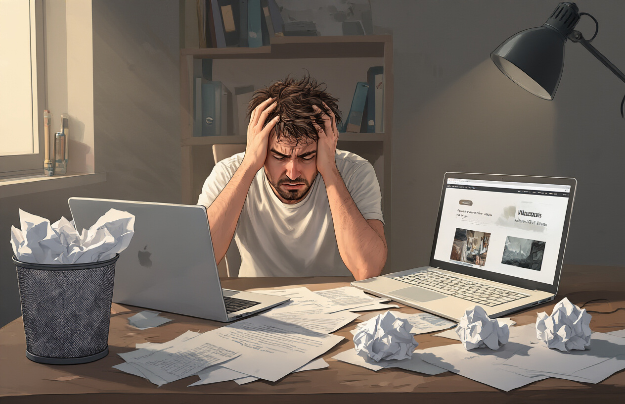 Create a realistic image of a frustrated white male content creator sitting at a messy desk with scattered papers, an open laptop showing a poorly designed website, crumpled papers in a trash bin nearby, and a stressed expression while holding his head in his hands, with dim lighting creating shadows that emphasize the chaotic and disorganized workspace atmosphere, absolutely NO text should be in the scene.