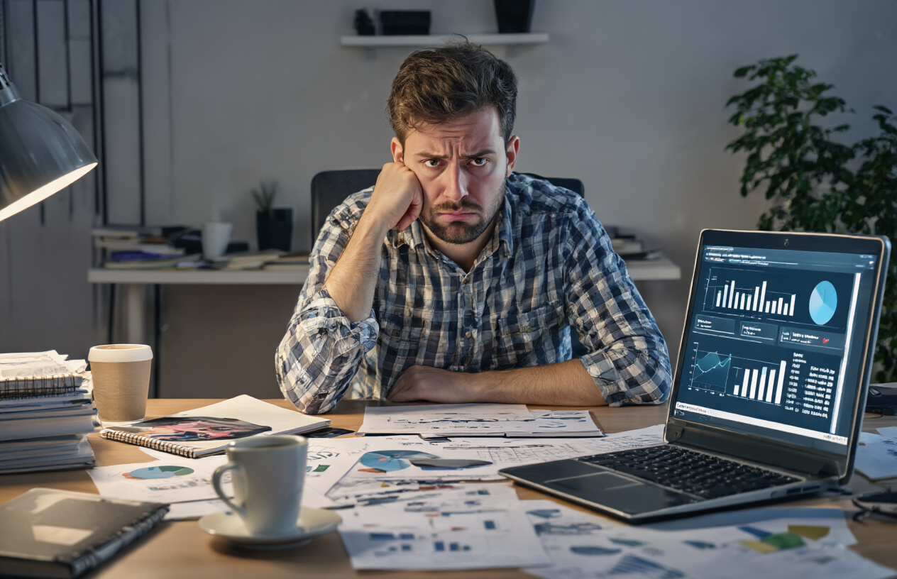 Create a realistic image of a frustrated white male affiliate marketer sitting at a cluttered desk with a laptop showing declining website analytics graphs and very low visitor numbers, surrounded by scattered marketing materials and notebooks, with a dimly lit home office background featuring empty coffee cups and a concerned expression on his face as he stares at the poor traffic statistics on his screen, conveying the struggle of inadequate traffic generation methods, absolutely NO text should be in the scene.