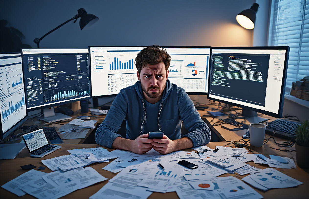 Create a realistic image of a frustrated white male affiliate marketer sitting at a messy desk with multiple computer monitors displaying confusing analytics dashboards with incomplete data, scattered papers with incomplete tracking codes, a smartphone showing error messages, and broken connection cables, set in a dimly lit home office with poor lighting creating shadows across the workspace, conveying a mood of confusion and missed opportunities due to inadequate tracking systems, absolutely NO text should be in the scene.