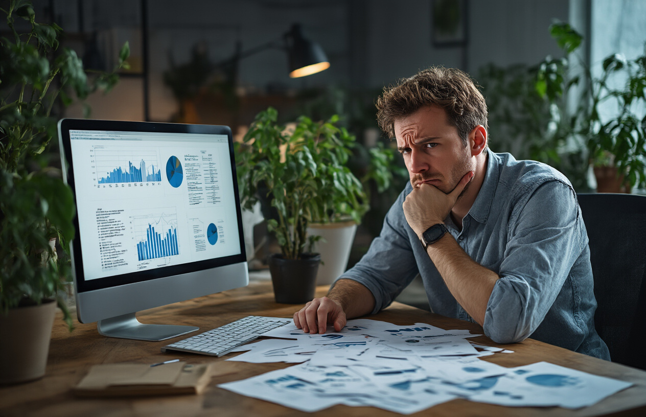 Create a realistic image of a white male entrepreneur sitting alone at a desk with scattered papers and a laptop, looking frustrated while staring at declining graphs on his computer screen, with wilted plants and empty networking event flyers in the background, dimly lit office environment suggesting neglect and short-sighted planning, absolutely NO text should be in the scene.