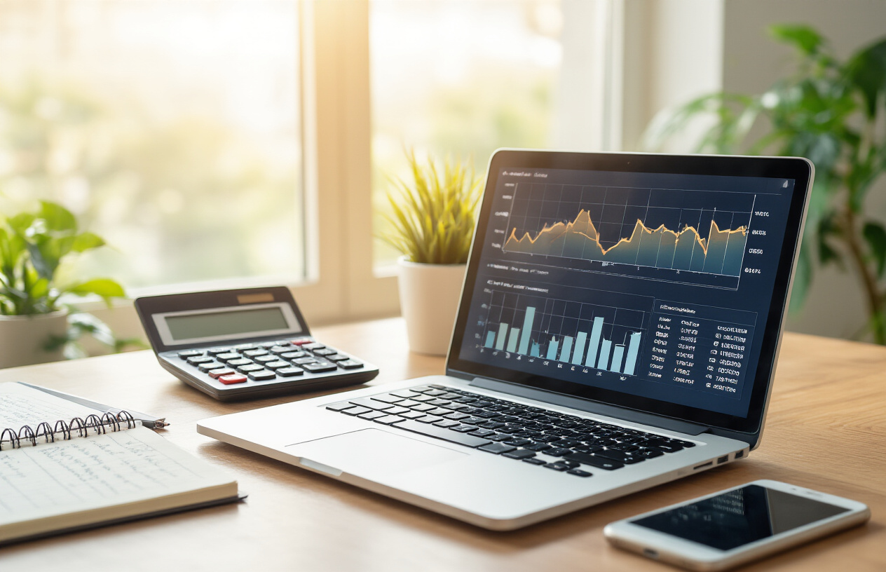 Create a realistic image of a professional workspace showing a laptop computer displaying upward trending graphs and analytics dashboard on the screen, with a calculator, notebook with handwritten notes, and smartphone arranged neatly on a clean wooden desk, soft natural lighting from a window creating a motivational and successful atmosphere, green plants in the background suggesting growth and prosperity, warm golden hour lighting emphasizing achievement and financial success in affiliate marketing, absolutely NO text should be in the scene.