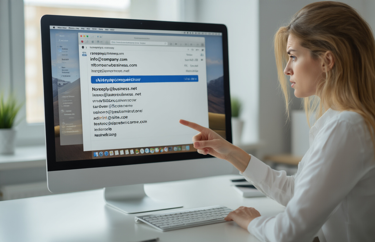 Create a realistic image of a close-up view of a computer screen displaying an email inbox with several unopened emails from confusing sender names like "noreply@company.com", "info@business.net", and "admin@site.org", with a frustrated white female professional sitting at a modern office desk looking confused while pointing at the screen, soft natural lighting from a window, clean office environment with minimal distractions in the background, absolutely NO text should be in the scene.