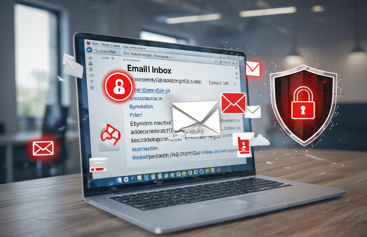 Create a realistic image of a computer screen displaying an email inbox with warning symbols and red alert icons surrounding suspicious email subject lines, showing spam filter detection mechanisms in action with a digital security shield overlay, set in a modern office environment with soft ambient lighting, absolutely NO text should be in the scene.