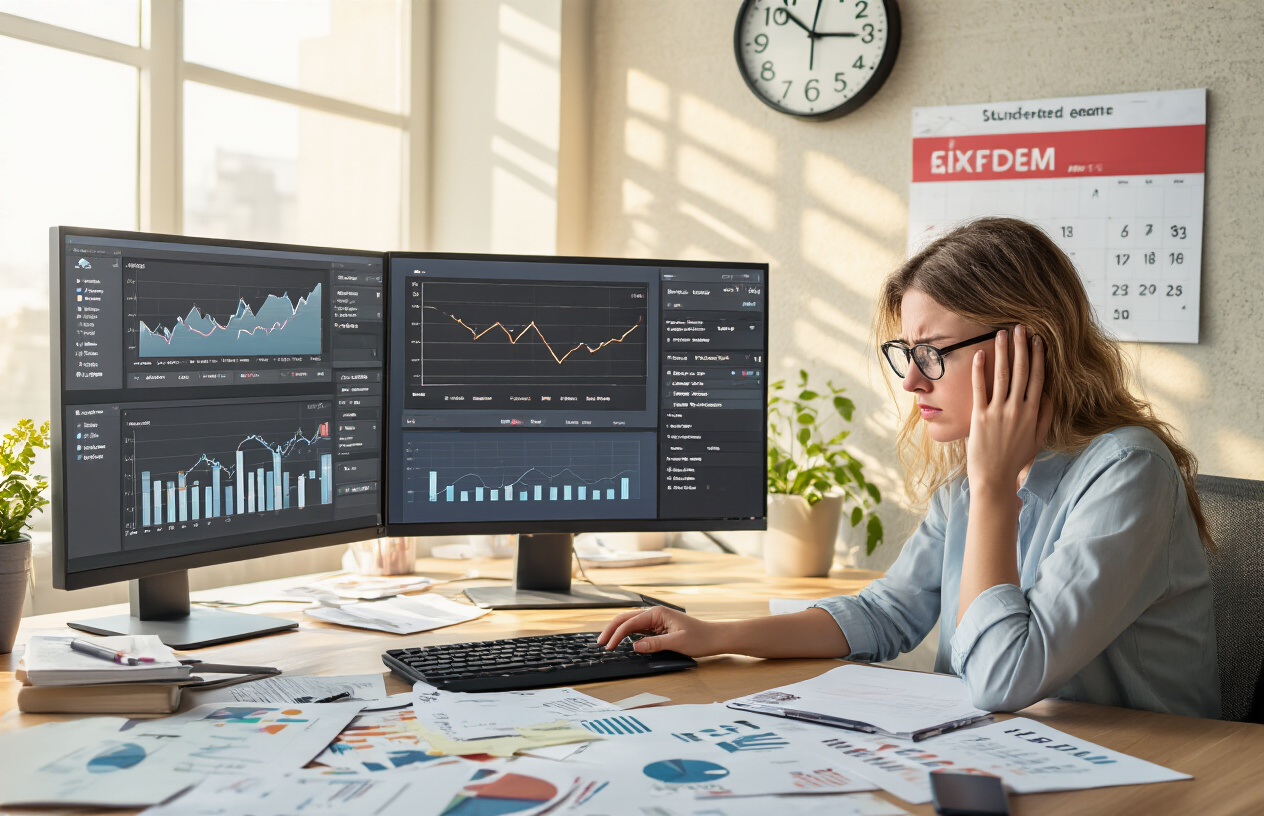 Create a realistic image of a stressed white female marketer sitting at a modern office desk with multiple computer monitors displaying email analytics dashboards with declining open rate graphs, surrounded by scattered papers showing different time zones and calendar schedules, with a large wall clock showing different times and a calendar with overwhelmed scheduling marks, in a cluttered office environment with warm overhead lighting casting shadows that emphasize the chaotic atmosphere of poor timing decisions, absolutely NO text should be in the scene.