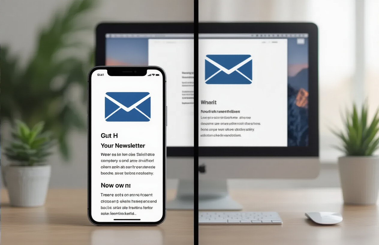 Create a realistic image of a split-screen comparison showing a smartphone and desktop computer displaying the same email newsletter, with the mobile version appearing broken, cut-off, and poorly formatted with text extending beyond screen boundaries and images appearing distorted, while the desktop version looks perfectly formatted, set against a modern office desk background with soft natural lighting, emphasizing the stark contrast between mobile optimization failure and desktop success, absolutely NO text should be in the scene.