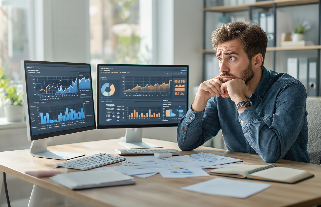 Create a realistic image of a white male marketing professional sitting at a modern desk looking confused and frustrated while staring at multiple computer screens displaying email analytics dashboards with declining graph charts and performance metrics, surrounded by scattered papers and notebooks, in a contemporary office setting with soft natural lighting from a window, conveying a sense of missed opportunities and analytical oversight, absolutely NO text should be in the scene.