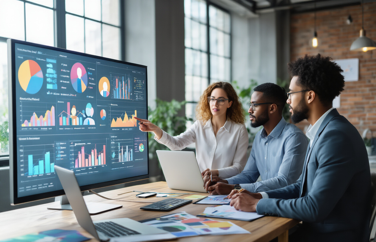 Create a realistic image of a diverse group of business professionals analyzing customer data on a large digital screen displaying colorful demographic charts, graphs, and user personas, with a white female marketing manager pointing to audience segments while a black male colleague takes notes, set in a modern office conference room with natural lighting from large windows, laptops and marketing materials scattered on the table, conveying a focused and collaborative atmosphere of strategic planning and audience research, absolutely NO text should be in the scene.