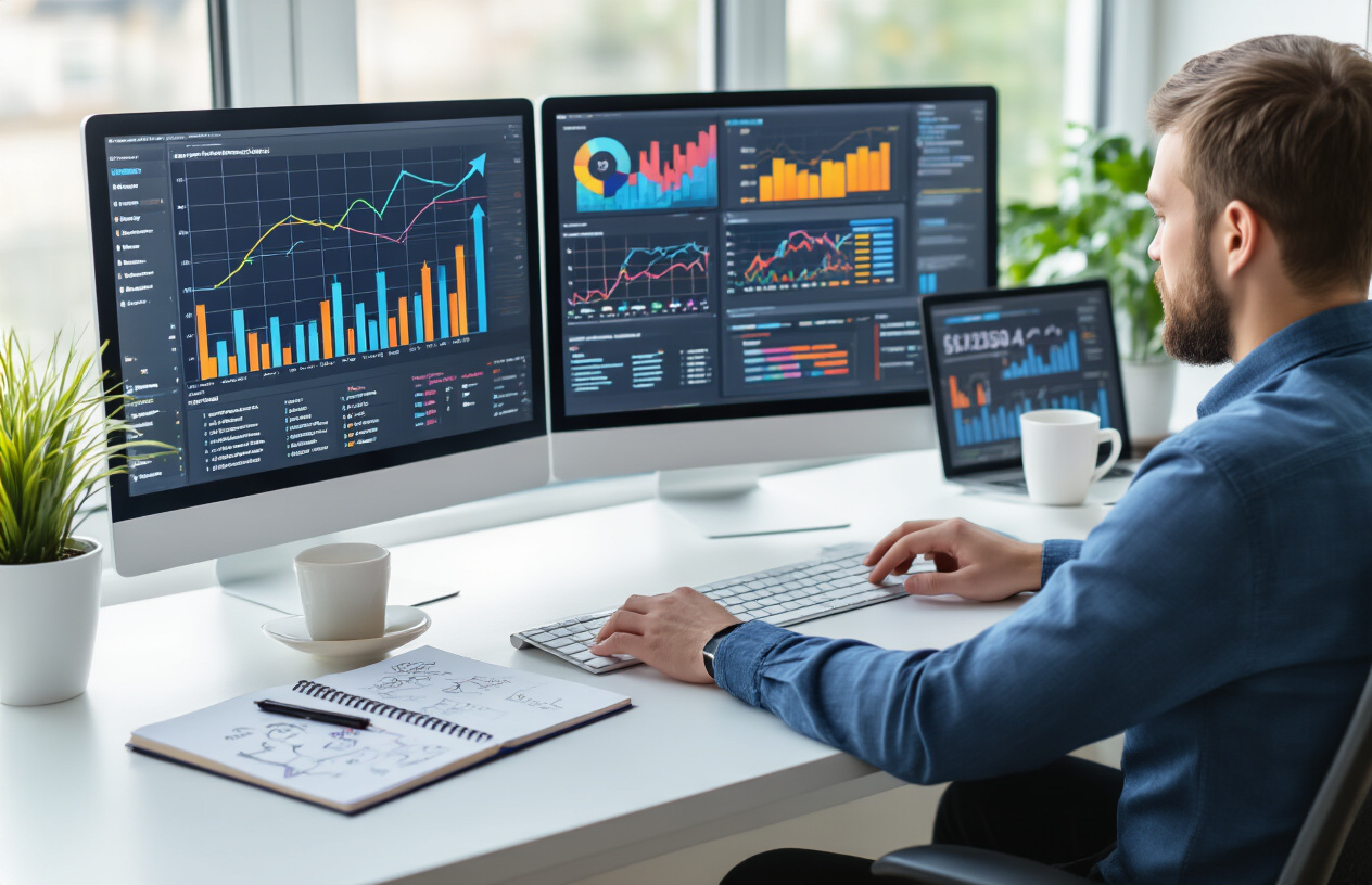Create a realistic image of a modern workspace showing SEO optimization in action, featuring a white male professional in his 30s working at a computer displaying colorful analytics charts and graphs with upward trending arrows, multiple monitors showing search result rankings and keyword data, a notebook with handwritten SEO notes and strategy diagrams beside the keyboard, small potted plants and coffee cup on a clean white desk, bright natural lighting from a large window creating a productive atmosphere, absolutely NO text should be in the scene.