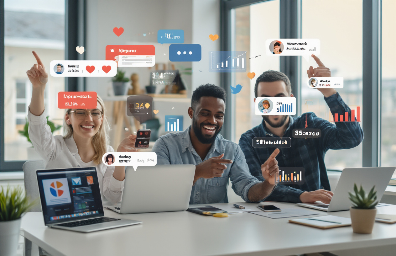 Create a realistic image of a diverse group of small business owners working together around a modern desk with laptops and smartphones displaying various social media platforms, showing engagement metrics like hearts, comments, and follower counts floating above their devices, in a bright contemporary office space with natural lighting from large windows, featuring a white female entrepreneur, a black male business owner, and an Asian female marketer all collaborating enthusiastically while pointing at screens showing social media analytics and growth charts, with a warm and productive atmosphere that conveys success and teamwork, absolutely NO text should be in the scene.