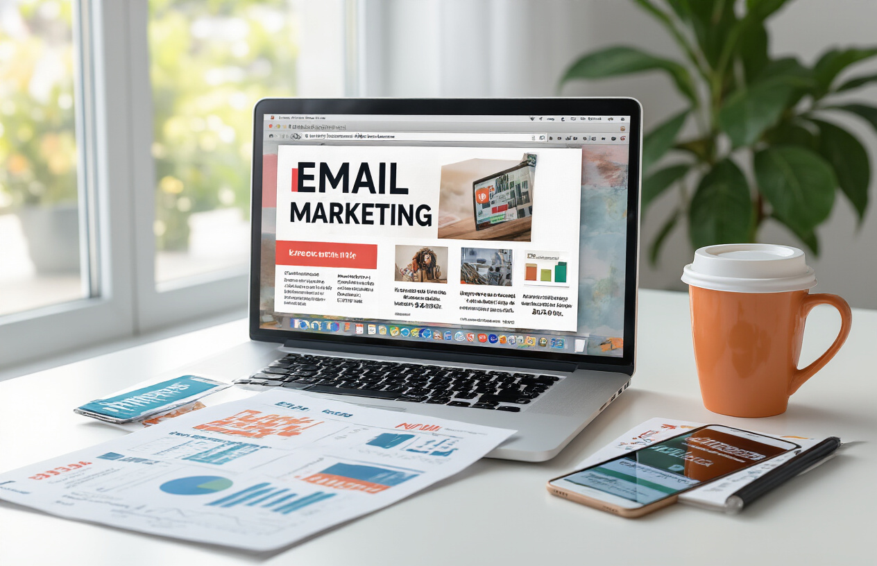 Create a realistic image of a modern workspace showing email marketing campaign management, featuring a laptop screen displaying a colorful email newsletter template with product images and promotional content, surrounded by marketing materials like printed analytics charts showing customer retention metrics, a smartphone displaying email notifications, a coffee cup, and a notepad with campaign notes, set on a clean white desk in a bright office environment with natural lighting from a nearby window, absolutely NO text should be in the scene.