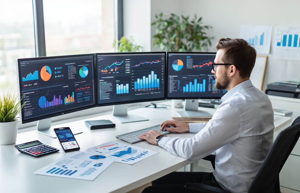 Create a realistic image of a modern office desk with multiple computer monitors displaying colorful analytics dashboards, charts, and graphs showing digital marketing metrics like ROI percentages, conversion rates, and revenue growth, with a white male business owner in his 30s sitting at the desk analyzing the data, surrounded by a calculator, smartphone showing social media analytics, and printed reports with upward trending arrows, in a bright contemporary office setting with natural lighting from a window, conveying a focused and optimistic business atmosphere. Absolutely NO text should be in the scene.