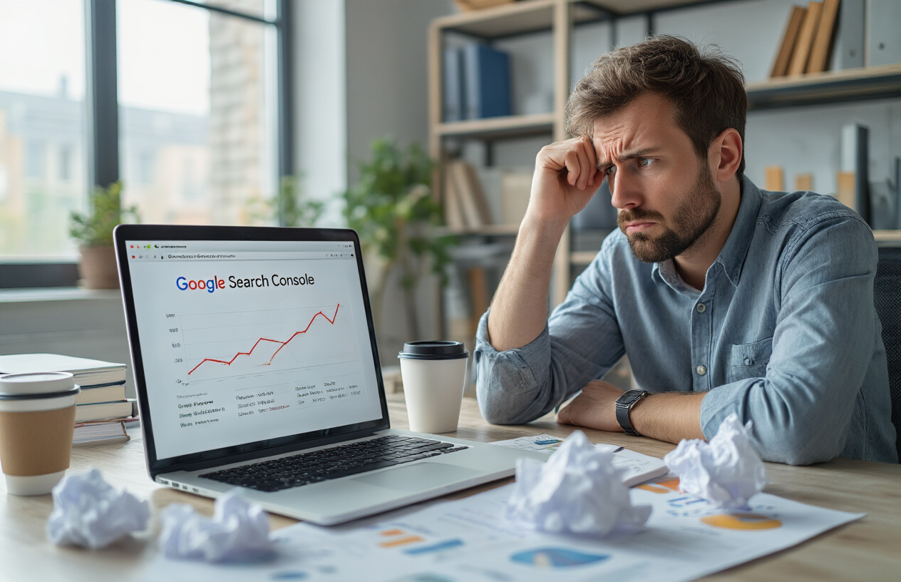 Create a realistic image of a frustrated white male digital marketer sitting at a modern desk with a laptop computer displaying Google Search Console dashboard with red warning indicators and declining graph lines, surrounded by crumpled papers and empty coffee cups suggesting mistakes and poor performance, with a cluttered office background featuring SEO-related books and charts showing downward trends, under harsh fluorescent lighting that emphasizes the stress and disappointment, absolutely NO text should be in the scene.
