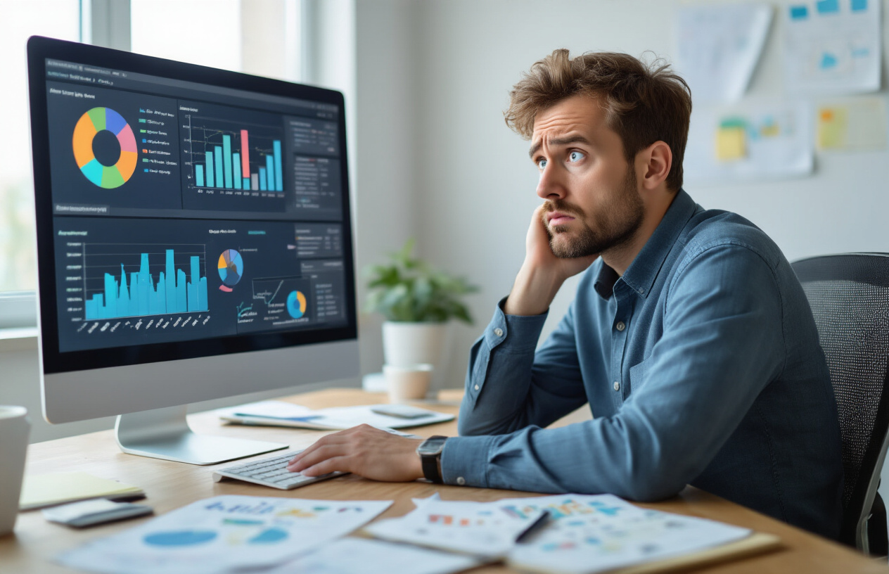 Create a realistic image of a confused white male professional in his 30s sitting at a modern desk, staring intensely at a computer monitor displaying colorful analytics charts and graphs with puzzled facial expression, surrounded by scattered papers and notebooks with hand-drawn sketches of data interpretations, in a clean office environment with natural lighting from a window, conveying frustration and misunderstanding of complex data analysis, absolutely NO text should be in the scene.