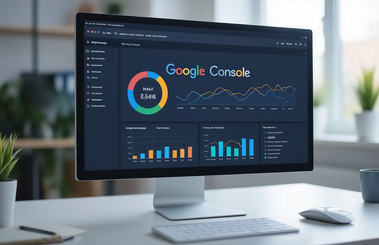Create a realistic image of a modern computer monitor displaying Google Search Console interface with colorful performance graphs and analytics charts, a clean white desk with a wireless mouse and notepad, bright office lighting with a window showing daylight in background, professional workspace atmosphere with subtle blue and green color scheme from the dashboard, absolutely NO text should be in the scene.