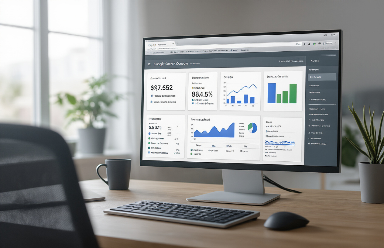 Create a realistic image of a computer screen displaying Google Search Console interface with multiple advanced analytics panels and data visualizations visible, showing complex graphs, charts, and technical metrics in an organized dashboard layout, set in a modern office environment with soft natural lighting from a window, featuring a clean workspace with minimal distractions, emphasizing the sophisticated and underutilized features of the platform, with a professional atmosphere that conveys expertise and advanced functionality, absolutely NO text should be in the scene.