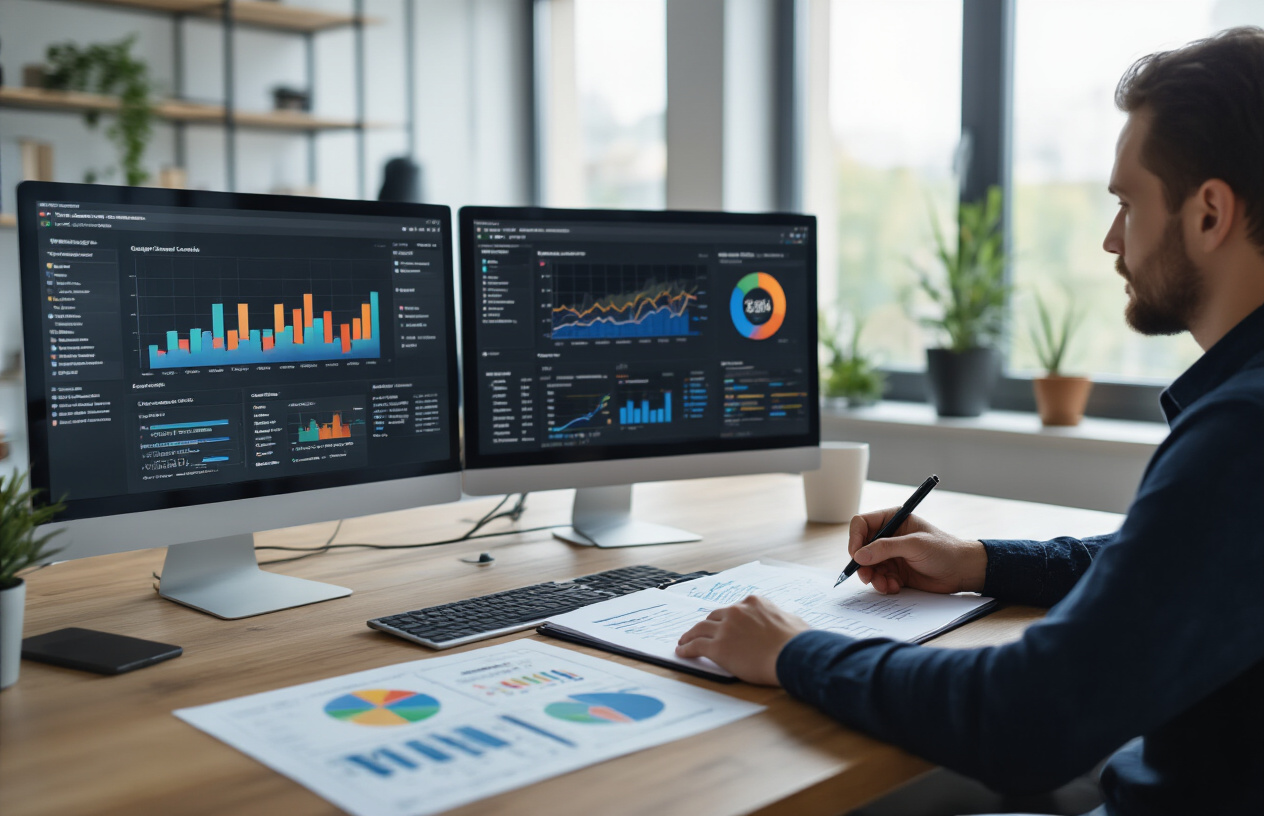 Create a realistic image of a white male digital marketer in his 30s sitting at a modern desk with dual monitors displaying Google Search Console analytics dashboards with colorful graphs and data visualizations, holding a pen while writing notes on a strategic planning document, surrounded by SEO strategy charts and keyword research papers, in a bright contemporary office setting with natural lighting from a large window, conveying focused analytical work and strategic planning, absolutely NO text should be in the scene.