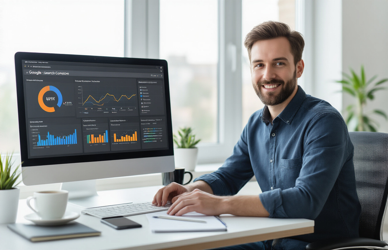 Create a realistic image of a modern workspace featuring a computer monitor displaying Google Search Console dashboard with colorful analytics graphs and data visualizations, a white male professional in business casual attire sitting at a desk looking confident while reviewing SEO performance metrics, complemented by a clean organized desk with a notebook, coffee cup, and smartphone, set in a bright contemporary office with natural lighting streaming through windows, conveying success and expertise in digital marketing, absolutely NO text should be in the scene.