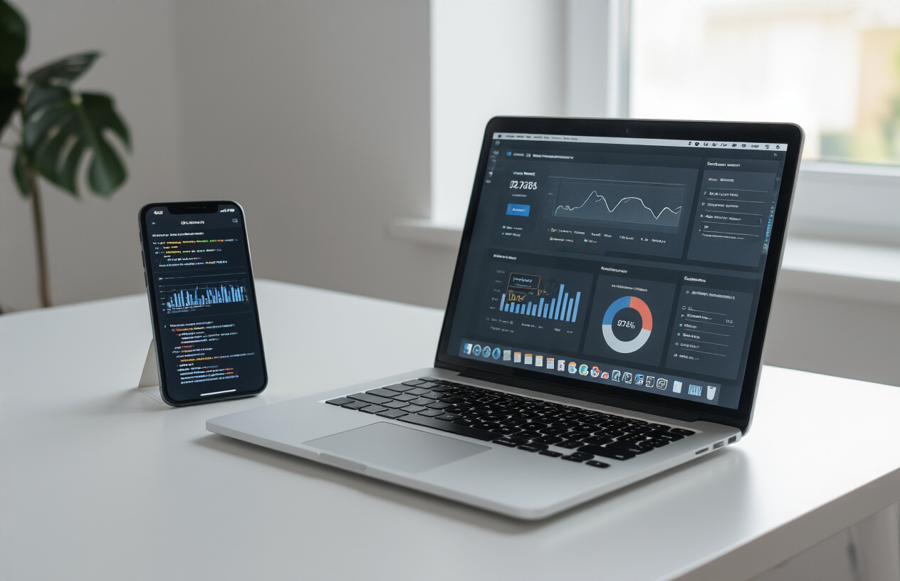 Create a realistic image of a modern laptop computer open on a clean white desk showing a website dashboard or admin panel on the screen, with various website analytics icons and charts visible on the interface, a smartphone placed nearby displaying a mobile website, coding elements like HTML tags floating subtly in the background, soft natural lighting from a window, professional workspace environment with minimal distractions, absolutely NO text should be in the scene.