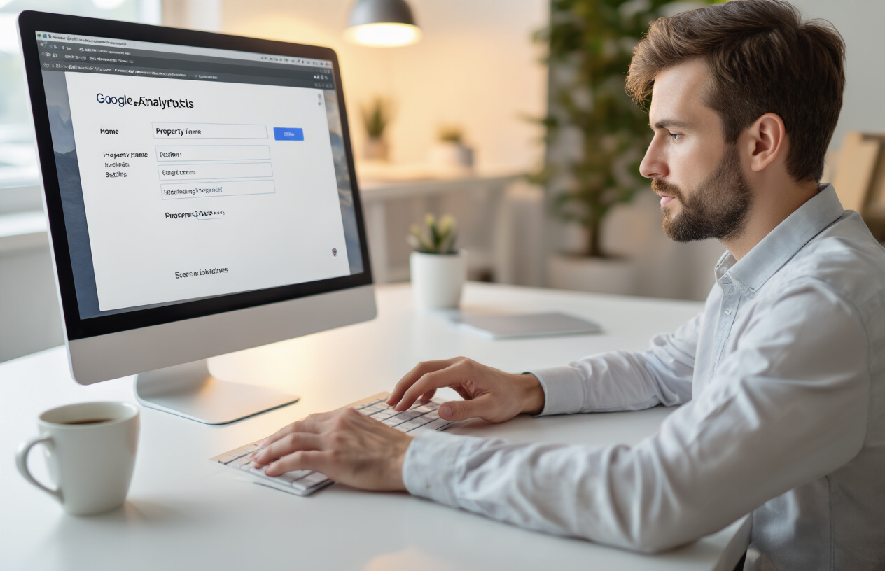 Create a realistic image of a computer screen displaying the Google Analytics 4 property creation interface with clean form fields for property name and settings, a white male professional sitting at a modern desk with hands positioned over a keyboard, warm office lighting creating a productive atmosphere, minimal desktop setup with a coffee cup nearby, focused and concentrated mood suggesting easy setup process, absolutely NO text should be in the scene.