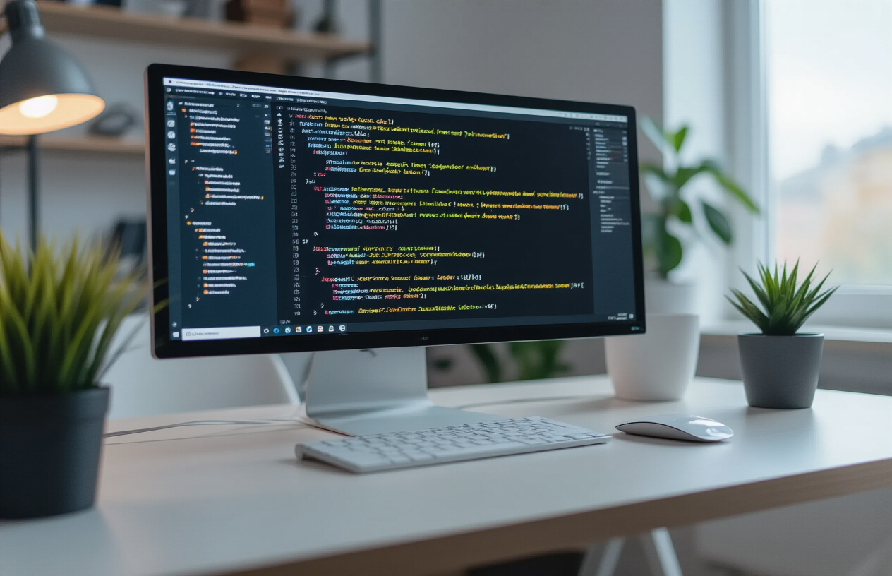 Create a realistic image of a close-up view of a computer screen displaying code editor with HTML and JavaScript code visible, showing tracking code snippets and analytics implementation, with a clean modern workspace background featuring a white desk, the screen glowing softly in a well-lit office environment with natural lighting from a window, conveying a professional and focused coding atmosphere, absolutely NO text should be in the scene.