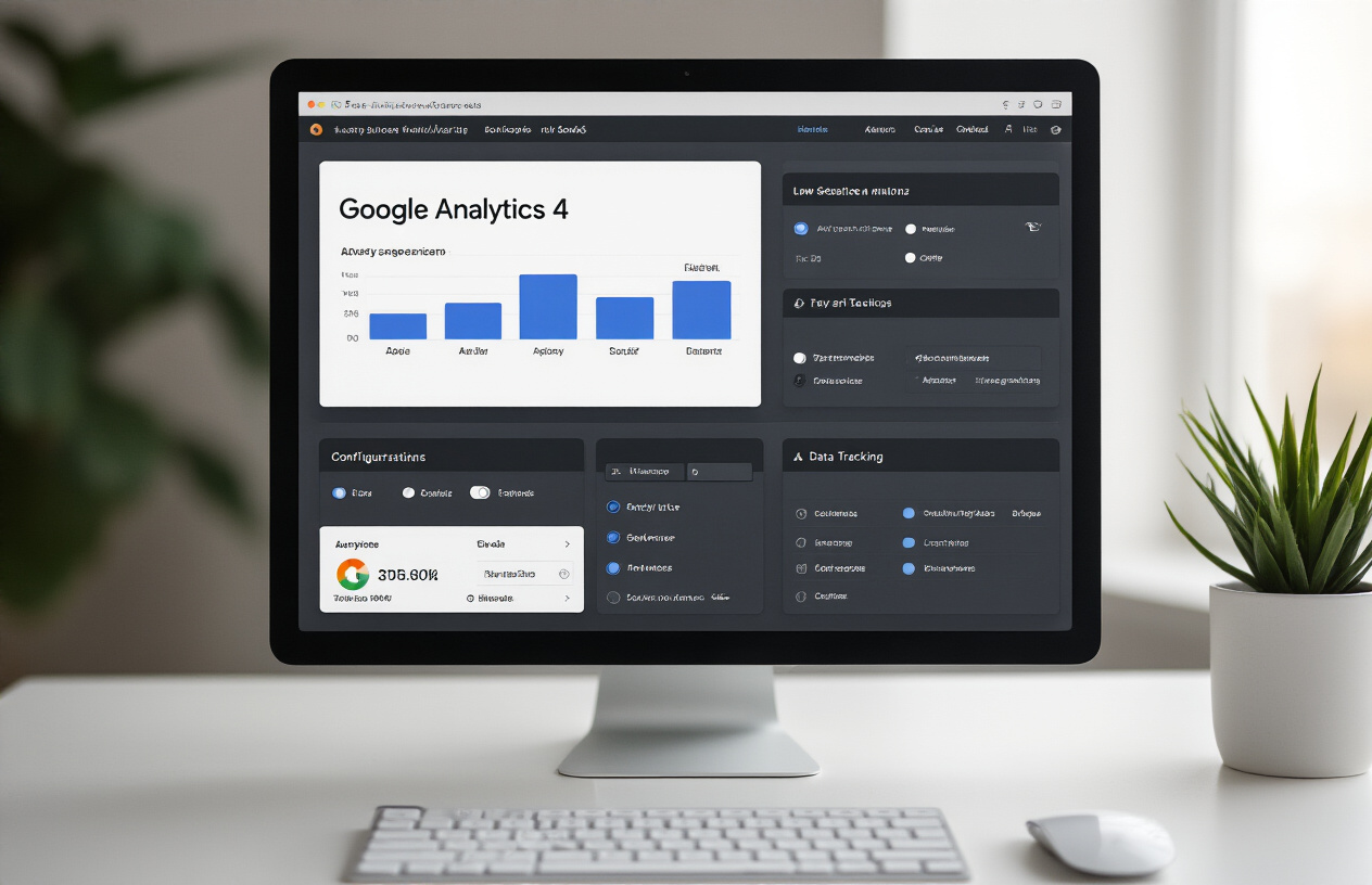 Create a realistic image of a close-up view of a computer screen displaying Google Analytics 4 dashboard interface with various configuration settings panels open, showing toggle switches, dropdown menus, and data tracking options, with a clean modern workspace background featuring a white desk, keyboard and mouse visible at the bottom edge, soft natural lighting from the side creating a professional atmosphere, absolutely NO text should be in the scene.