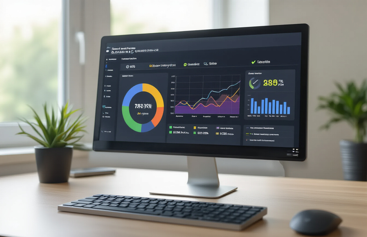 Create a realistic image of a computer monitor displaying Google Analytics 4 dashboard with colorful data visualization charts, graphs showing website traffic metrics, and verification checkmarks or green status indicators, with a clean modern workspace background including a keyboard and mouse, soft natural lighting from a window, professional office atmosphere, absolutely NO text should be in the scene.