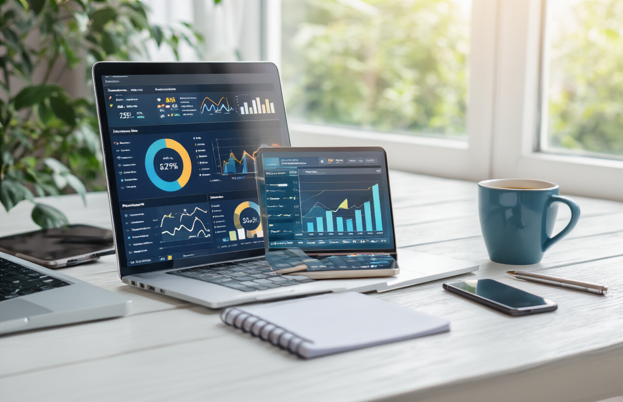Create a realistic image of a clean modern workspace with a laptop displaying colorful analytics dashboard with charts and graphs on the screen, a smartphone showing mobile analytics interface beside it, a coffee cup, and a notepad with a pen, all arranged on a white wooden desk with soft natural lighting from a window, conveying a sense of accomplishment and productivity after successfully completing a digital setup task, absolutely NO text should be in the scene.